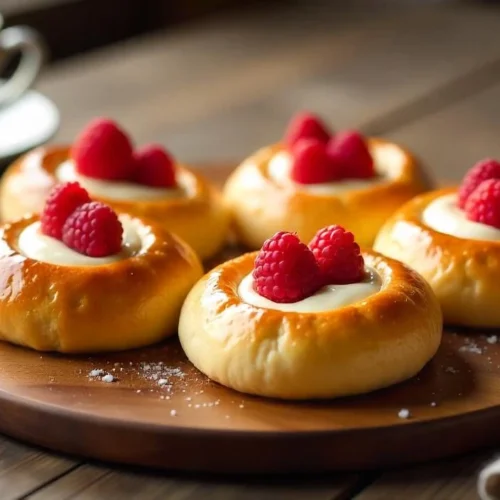 Freshly baked Finnish Quark Buns filled with creamy quark and raspberries, arranged on a rustic tray with coffee on a wooden table.