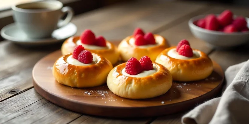 Freshly baked Finnish Quark Buns filled with creamy quark and raspberries, arranged on a rustic tray with coffee on a wooden table.