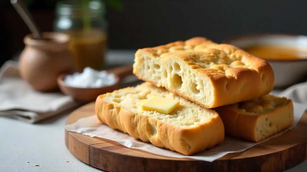 Stack of Finnish rye flatbread (rieska) with sourdough discard, topped with melting butter, served on a wooden board in a cozy Nordic kitchen setting.