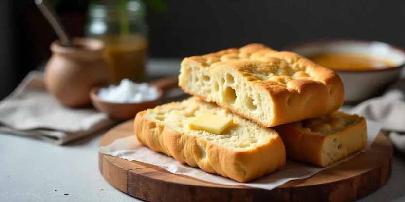 Stack of Finnish rye flatbread (rieska) with sourdough discard, topped with melting butter, served on a wooden board in a cozy Nordic kitchen setting.