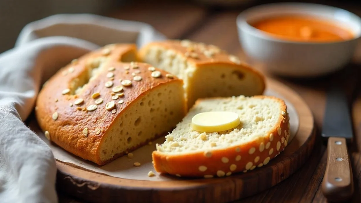 Freshly baked Finnish rye flatbread (rieska) cut into squares, served warm with butter and a bowl of salmon soup on a rustic wooden table.