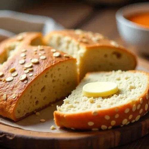 Freshly baked Finnish rye flatbread (rieska) cut into squares, served warm with butter and a bowl of salmon soup on a rustic wooden table.