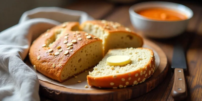 Freshly baked Finnish rye flatbread (rieska) cut into squares, served warm with butter and a bowl of salmon soup on a rustic wooden table.