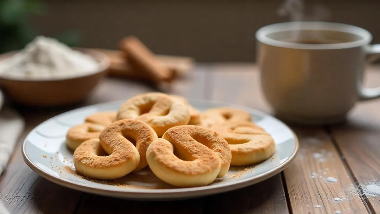 A plate of golden brown Finnish S cookies (Ässät) coated in cinnamon sugar, displayed on a wooden table with a cup of coffee in a cozy Nordic kitchen.