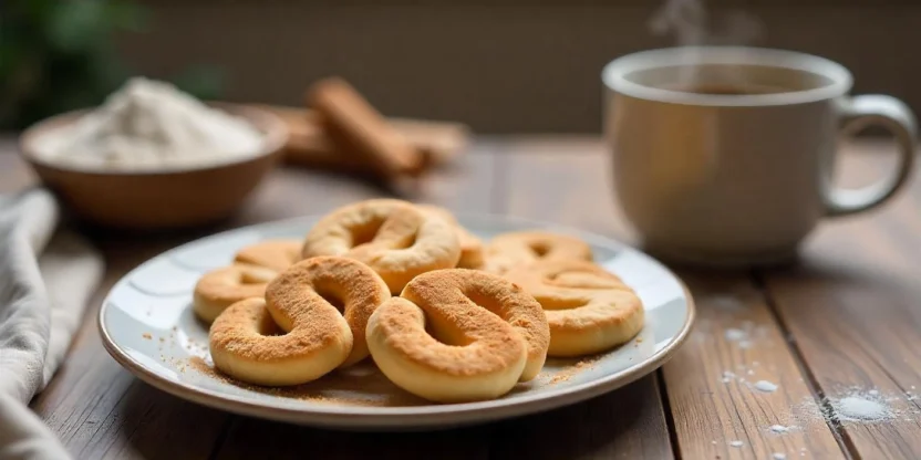 A plate of golden brown Finnish S cookies (Ässät) coated in cinnamon sugar, displayed on a wooden table with a cup of coffee in a cozy Nordic kitchen.