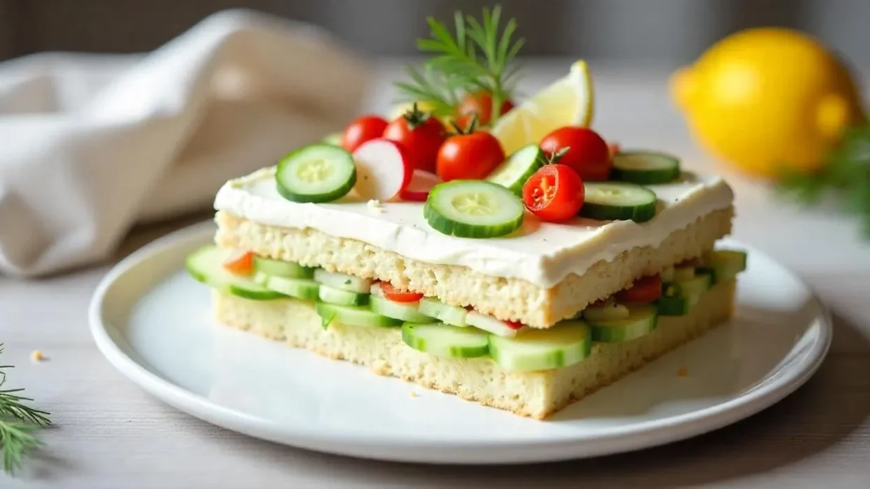 A decorated Finnish sandwich cake (Voileipäkakku) layered with bread and savory fillings, topped with cucumber, radishes, cherry tomatoes, and herbs, served on a white platter.