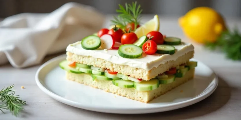 A decorated Finnish sandwich cake (Voileipäkakku) layered with bread and savory fillings, topped with cucumber, radishes, cherry tomatoes, and herbs, served on a white platter.
