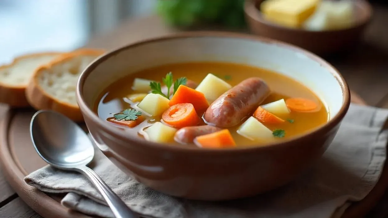 Bowl of traditional Finnish sausage soup (Siskonmakkarakeitto) with root vegetables and rye bread on a rustic table.
