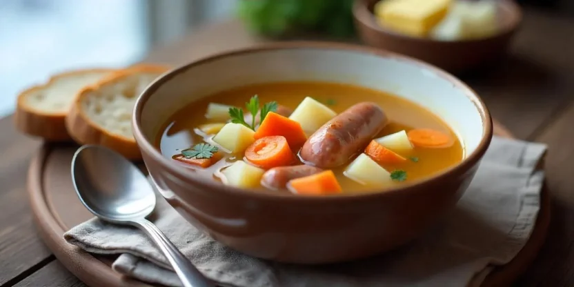 Bowl of traditional Finnish sausage soup (Siskonmakkarakeitto) with root vegetables and rye bread on a rustic table.