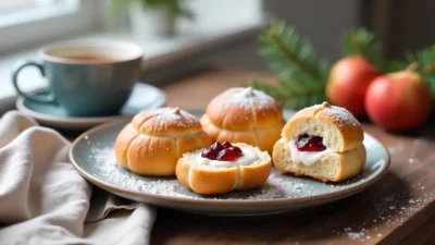 Freshly baked Finnish Shrovetide Buns (Laskiaispulla) filled with whipped cream and raspberry jam, dusted with powdered sugar, served on a rustic wooden table with coffee in a cozy Nordic kitchen.