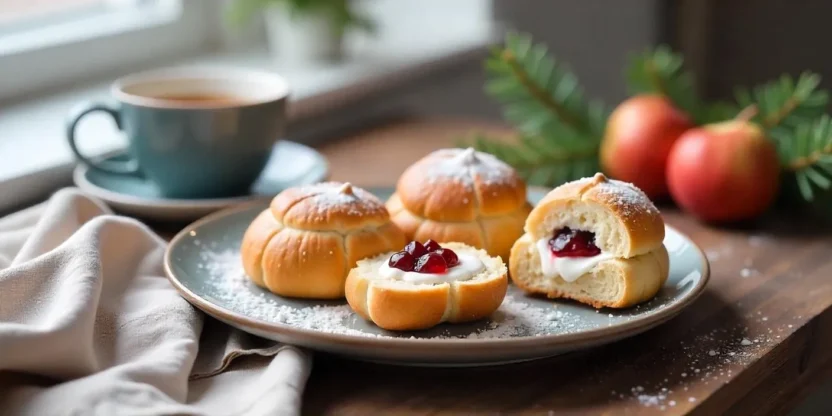 Freshly baked Finnish Shrovetide Buns (Laskiaispulla) filled with whipped cream and raspberry jam, dusted with powdered sugar, served on a rustic wooden table with coffee in a cozy Nordic kitchen.