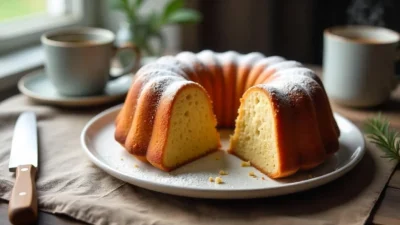 Freshly baked Finnish spice bundt cake (Maustekakku) dusted with powdered sugar, served with coffee in a cozy Nordic kitchen setting.