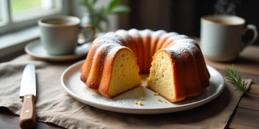 Freshly baked Finnish spice bundt cake (Maustekakku) dusted with powdered sugar, served with coffee in a cozy Nordic kitchen setting.