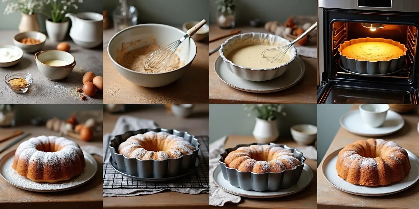 Step-by-step images of making Finnish spice bundt cake (Maustekakku) from mixing ingredients to final presentation in a Nordic-style kitchen.