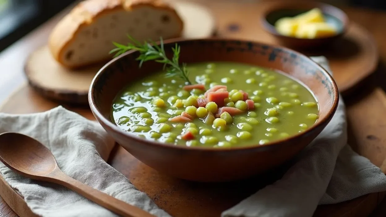 A bowl of traditional Finnish split pea soup (Hernekeitto) with ham, served with rye bread and mustard on a rustic wooden table.