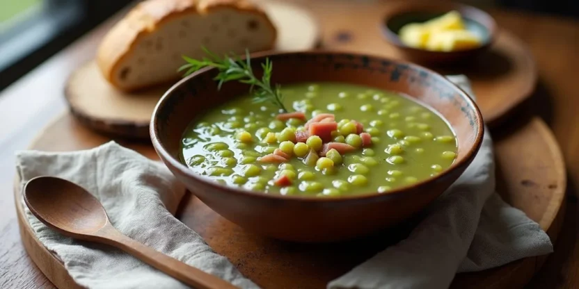 A bowl of traditional Finnish split pea soup (Hernekeitto) with ham, served with rye bread and mustard on a rustic wooden table.