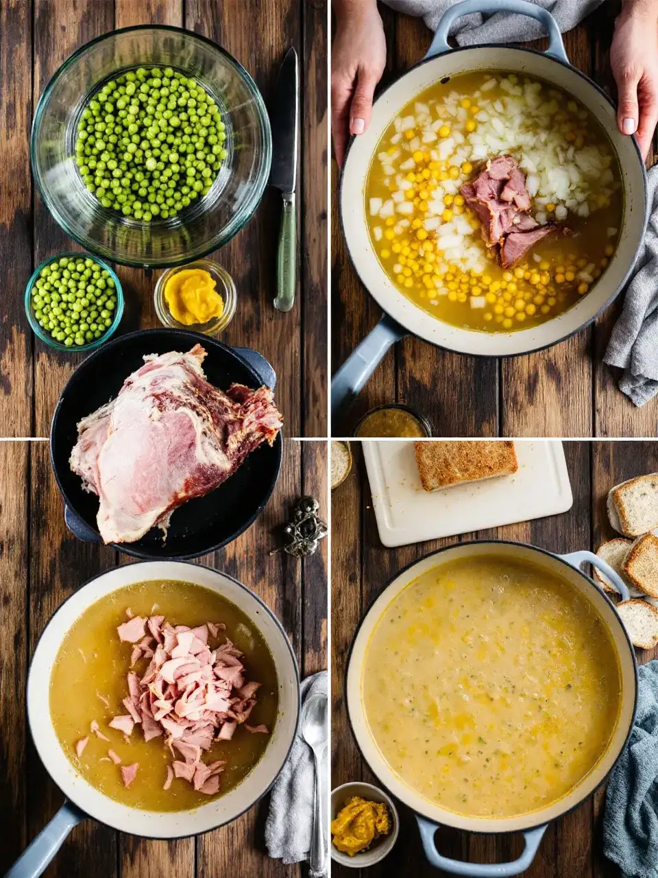 Step-by-step process of making traditional Finnish split pea soup with ham, from soaking peas to serving with rye bread and mustard.