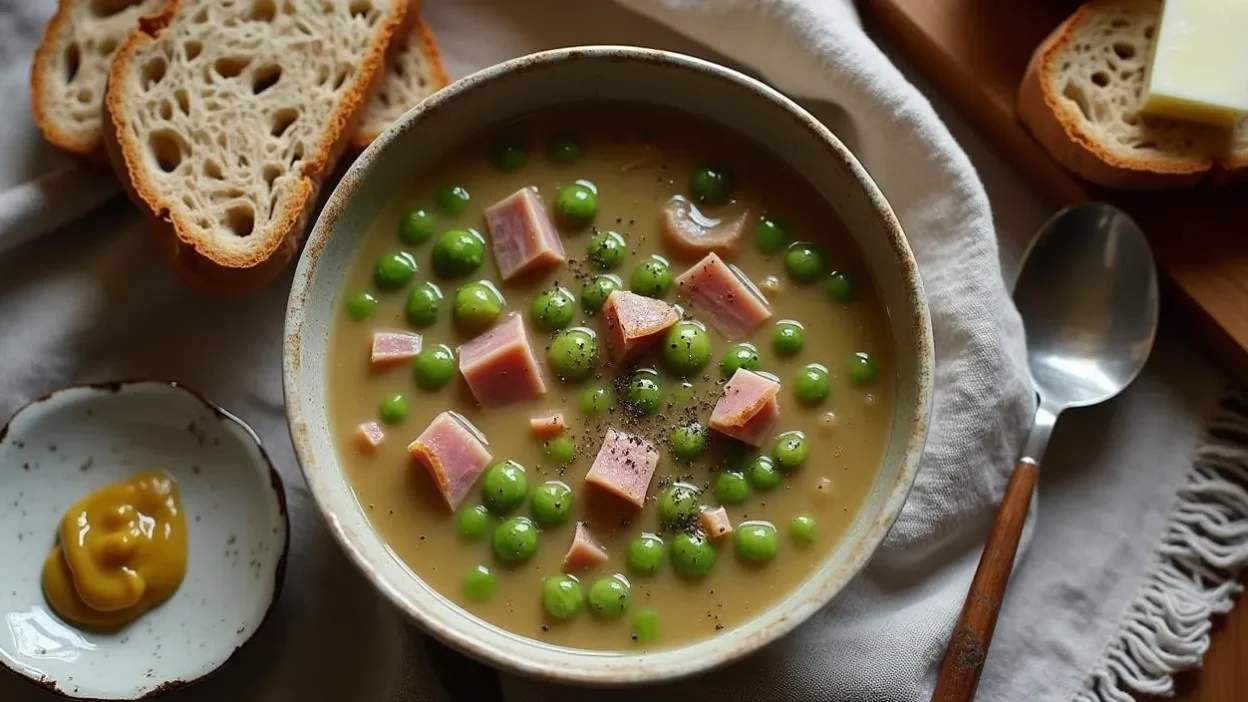 Overhead view of traditional Finnish split pea soup with ham served in a rustic bowl, accompanied by buttered rye bread and Finnish mustard on the side.