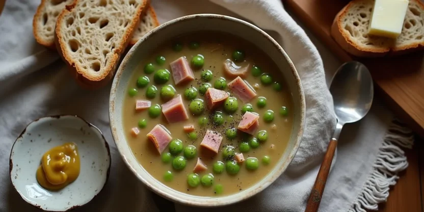 Overhead view of traditional Finnish split pea soup with ham served in a rustic bowl, accompanied by buttered rye bread and Finnish mustard on the side.
