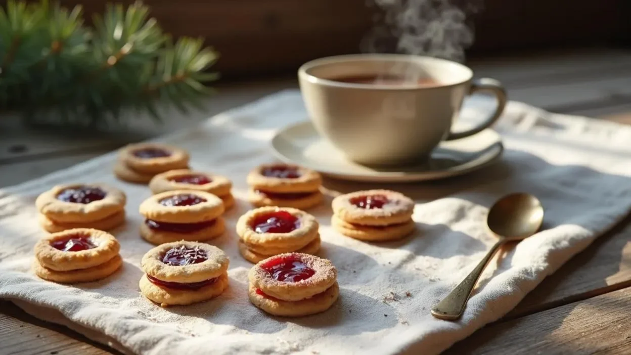 A plate of Finnish spoon cookies filled with jam, dusted with sugar, and served with a cup of tea on a rustic wooden table.
