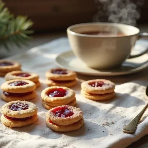 A plate of Finnish spoon cookies filled with jam, dusted with sugar, and served with a cup of tea on a rustic wooden table.