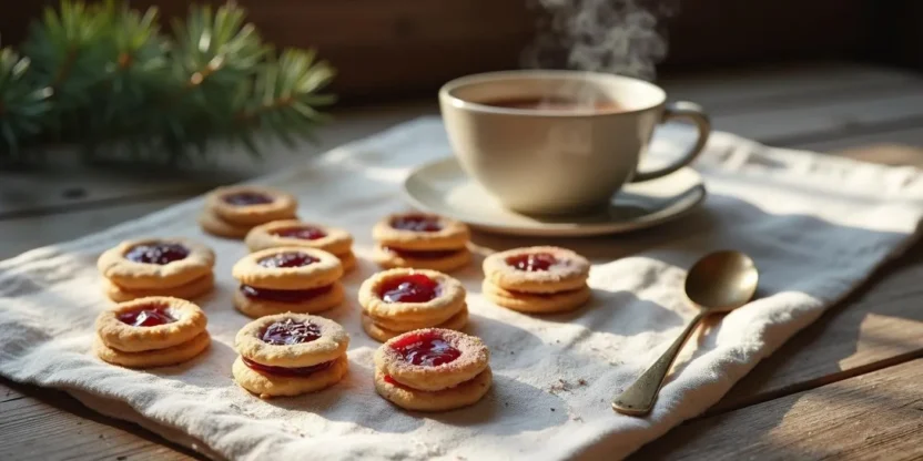 A plate of Finnish spoon cookies filled with jam, dusted with sugar, and served with a cup of tea on a rustic wooden table.