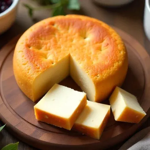 Traditional Finnish squeaky cheese (Leipäjuusto) with caramelized crust, served with cloudberry jam and coffee on a rustic wooden board.