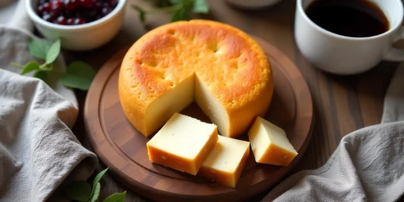 Traditional Finnish squeaky cheese (Leipäjuusto) with caramelized crust, served with cloudberry jam and coffee on a rustic wooden board.