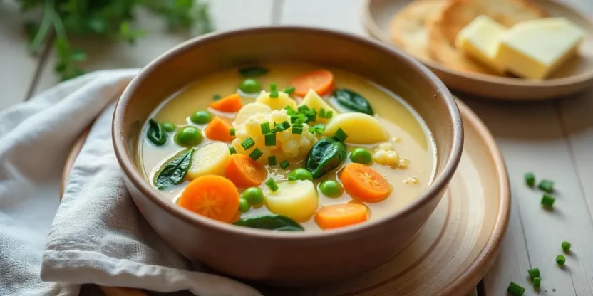 Traditional Finnish summer vegetable soup (Kesäkeitto) served in a rustic bowl, garnished with chives and surrounded by fresh vegetables and rye crispbread.