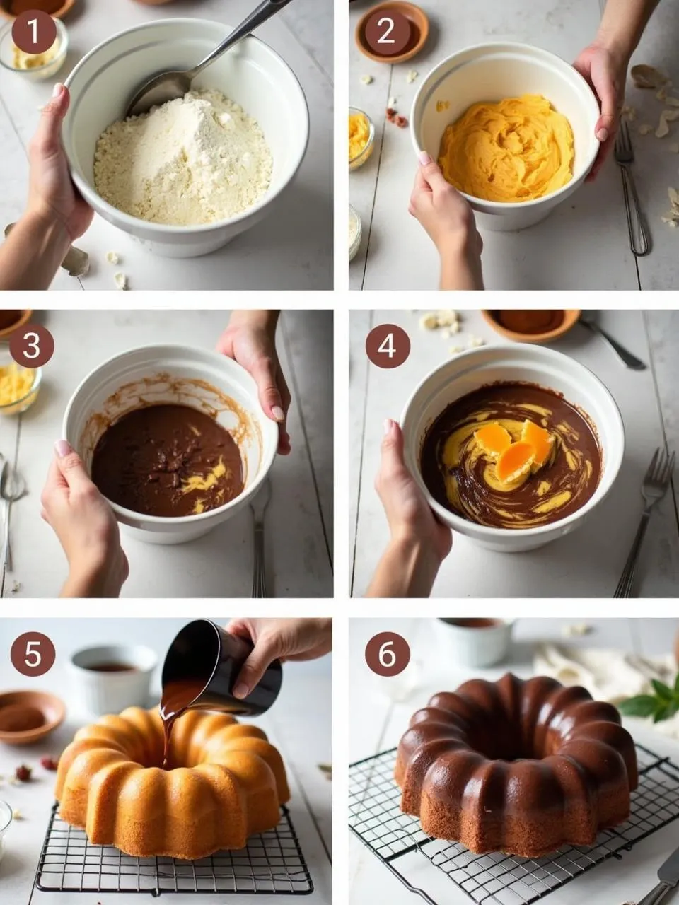 Step-by-step images showing how to make Finnish Tiger Cake (Tiikerikkakku), from preparing the ingredients to marbling the batter, baking, cooling, and topping with chocolate ganache in a cozy Nordic kitchen setting.