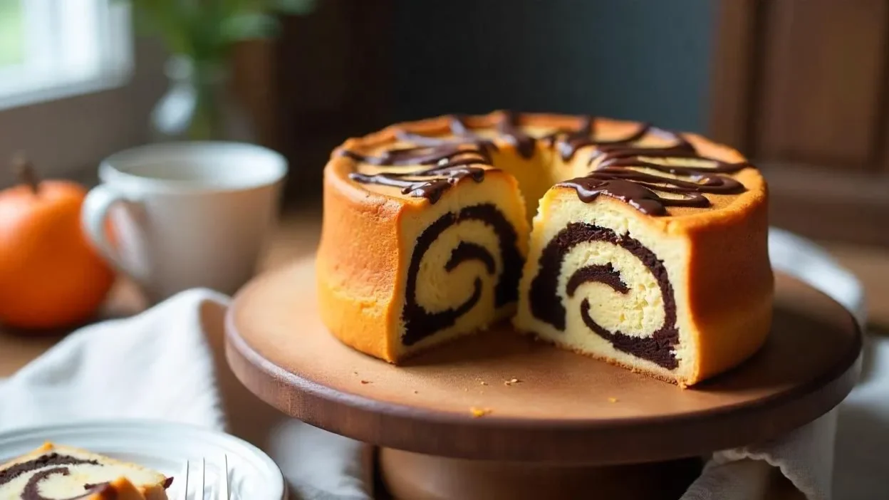 Finnish tiger cake (Tiikerikakku) with marble pattern, baked in a Bundt pan and sliced for serving.