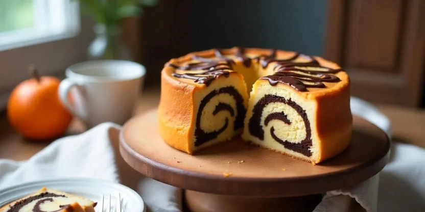 Finnish tiger cake (Tiikerikakku) with marble pattern, baked in a Bundt pan and sliced for serving.
