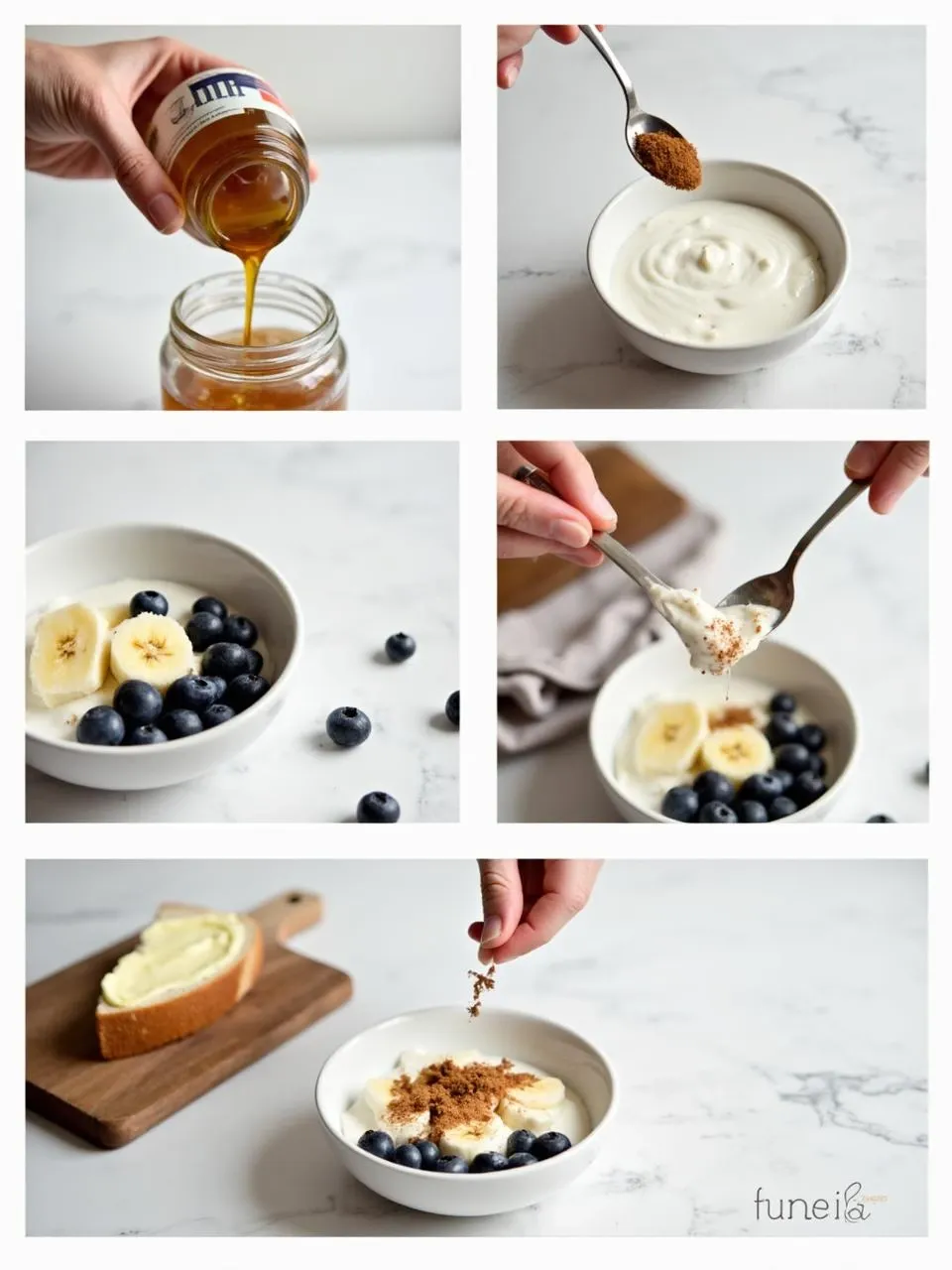 Step-by-step process of preparing Finnish Viili yogurt with fresh fruit, honey, cinnamon, and rye bread in a Scandinavian kitchen setting.
