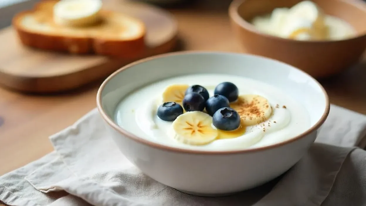Traditional Finnish Viili yogurt served in a bowl with fresh blueberries, banana slices, honey drizzle, and cinnamon, accompanied by a slice of buttered rye bread on a rustic wooden table in Nordic style.