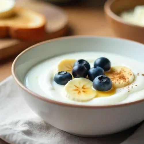 Traditional Finnish Viili yogurt served in a bowl with fresh blueberries, banana slices, honey drizzle, and cinnamon, accompanied by a slice of buttered rye bread on a rustic wooden table in Nordic style.
