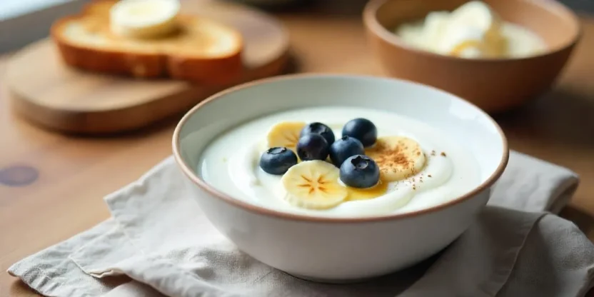 Traditional Finnish Viili yogurt served in a bowl with fresh blueberries, banana slices, honey drizzle, and cinnamon, accompanied by a slice of buttered rye bread on a rustic wooden table in Nordic style.