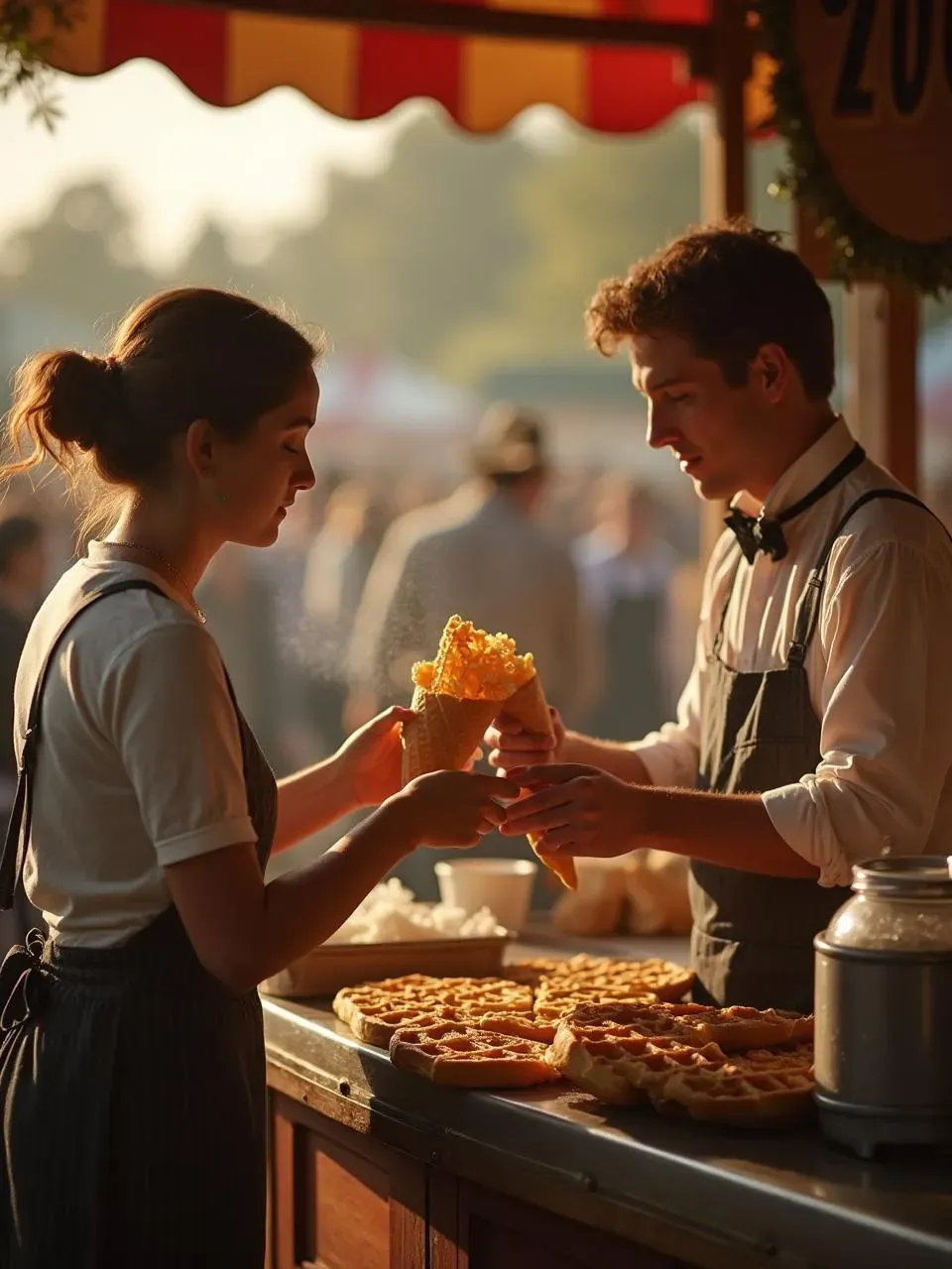 Waffle and ice cream vendors at a 1904 fair collaborating to create the first ice cream cone by rolling and filling a hot waffle.
