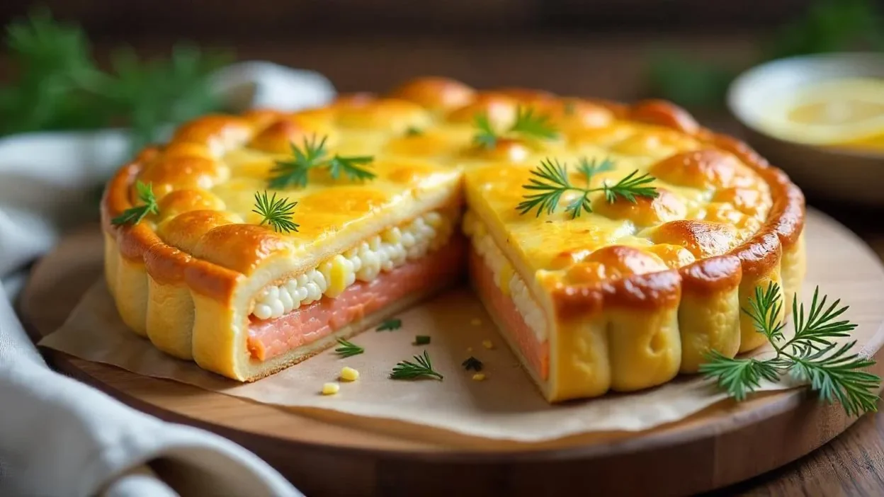 Flaky Finnish salmon pie (Lohipiirakka) with a golden crust and layered filling of salmon, eggs, rice, and herbs, served on a rustic wooden board with dill garnish.