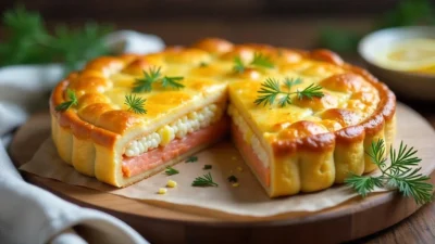 Flaky Finnish salmon pie (Lohipiirakka) with a golden crust and layered filling of salmon, eggs, rice, and herbs, served on a rustic wooden board with dill garnish.