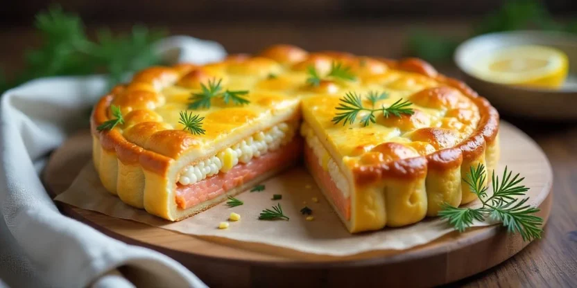 Flaky Finnish salmon pie (Lohipiirakka) with a golden crust and layered filling of salmon, eggs, rice, and herbs, served on a rustic wooden board with dill garnish.