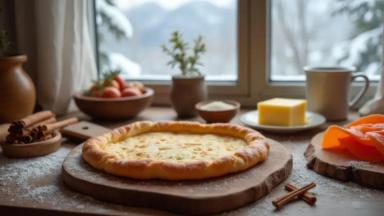 Traditional Norwegian lefse flatbread stacked on a rustic wooden table with butter and sugar nearby.