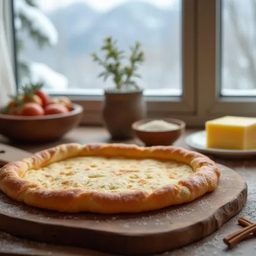 Traditional Norwegian lefse flatbread stacked on a rustic wooden table with butter and sugar nearby.