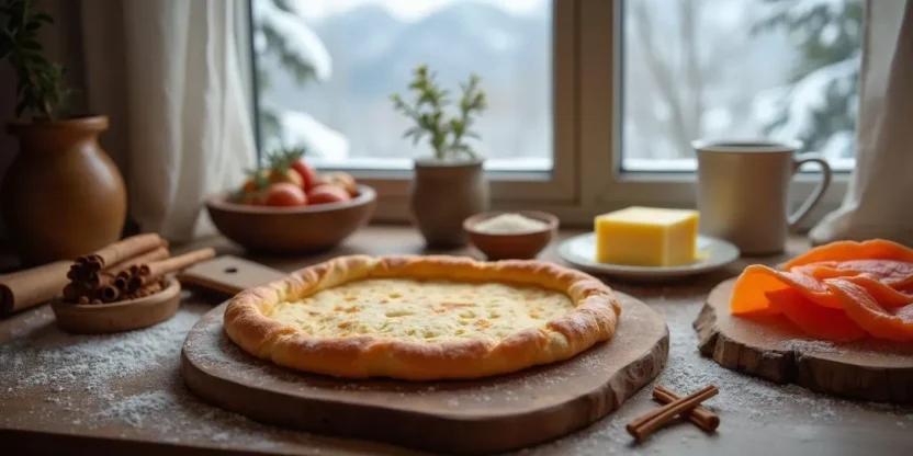Traditional Norwegian lefse flatbread stacked on a rustic wooden table with butter and sugar nearby.