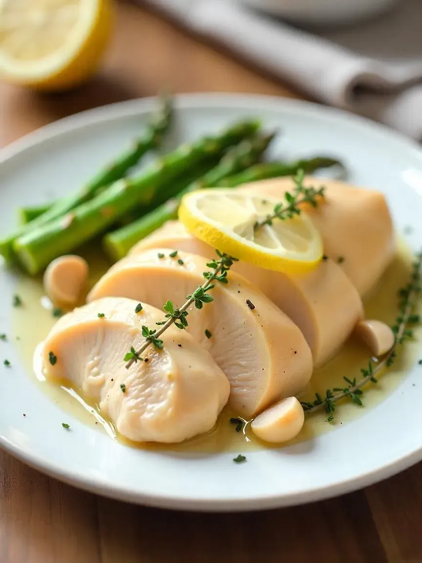 Sliced steam-poached chicken breast with lemon, thyme, and garlic, served with steamed green vegetables on a white plate. 