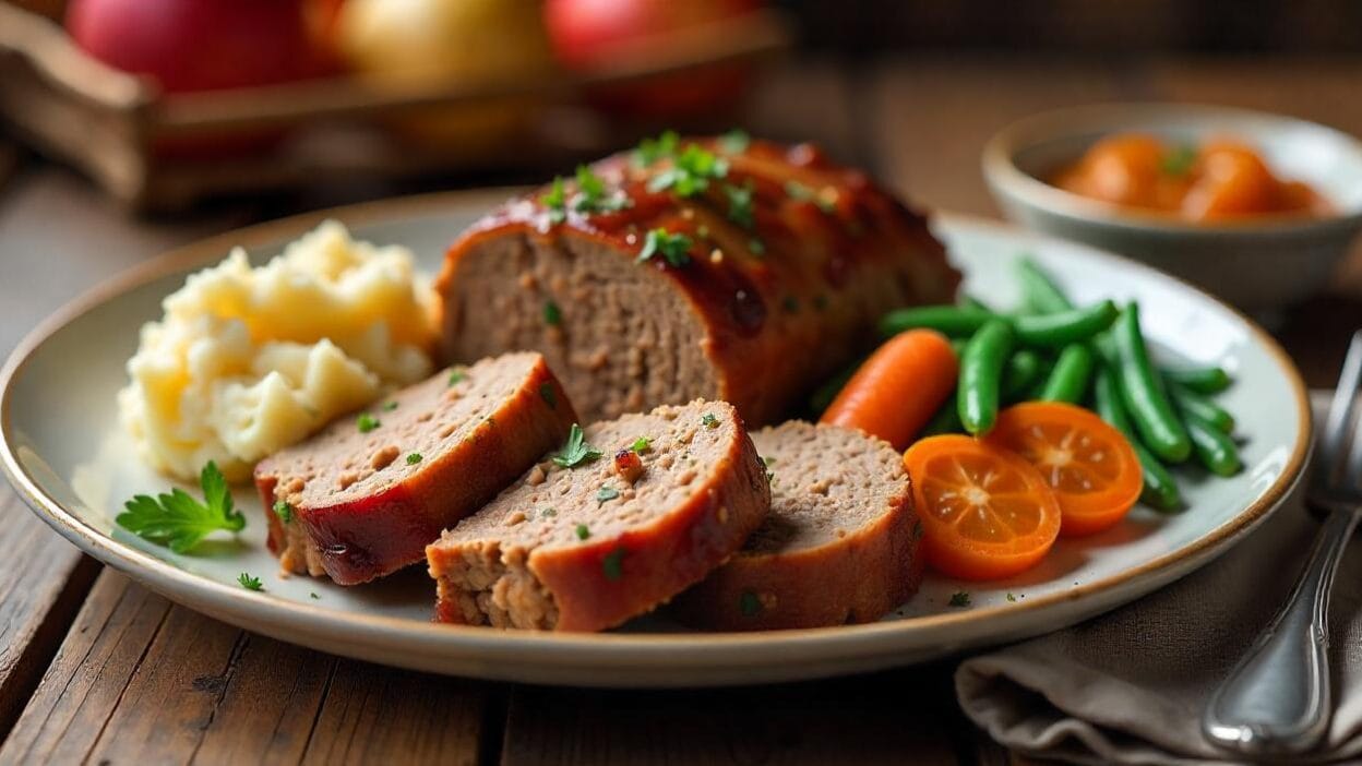 Juicy Pork and Apple Meatloaf sliced and served with mashed potatoes, roasted vegetables, and applesauce, garnished with fresh parsley on a rustic wooden table.