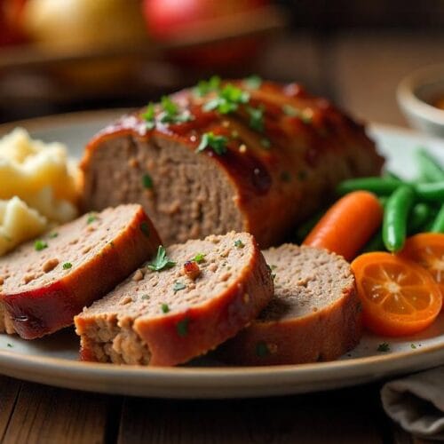 Juicy Pork and Apple Meatloaf sliced and served with mashed potatoes, roasted vegetables, and applesauce, garnished with fresh parsley on a rustic wooden table.