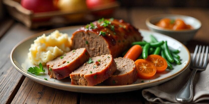 Juicy Pork and Apple Meatloaf sliced and served with mashed potatoes, roasted vegetables, and applesauce, garnished with fresh parsley on a rustic wooden table.