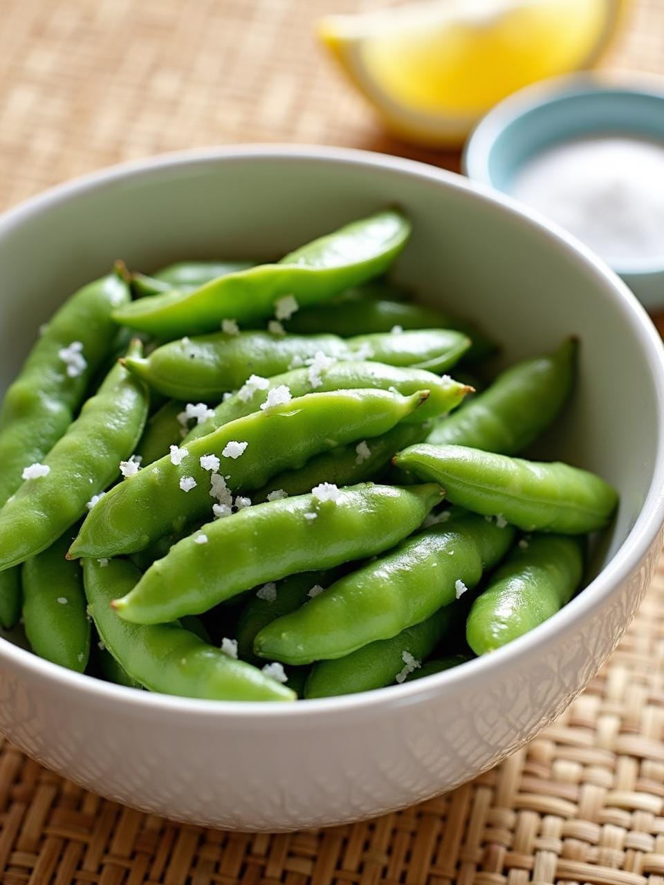Steamed edamame pods sprinkled with sea salt, served in a ceramic bowl with a lemon wedge and salt dish on a bamboo mat, showcasing a healthy plant-based snack.