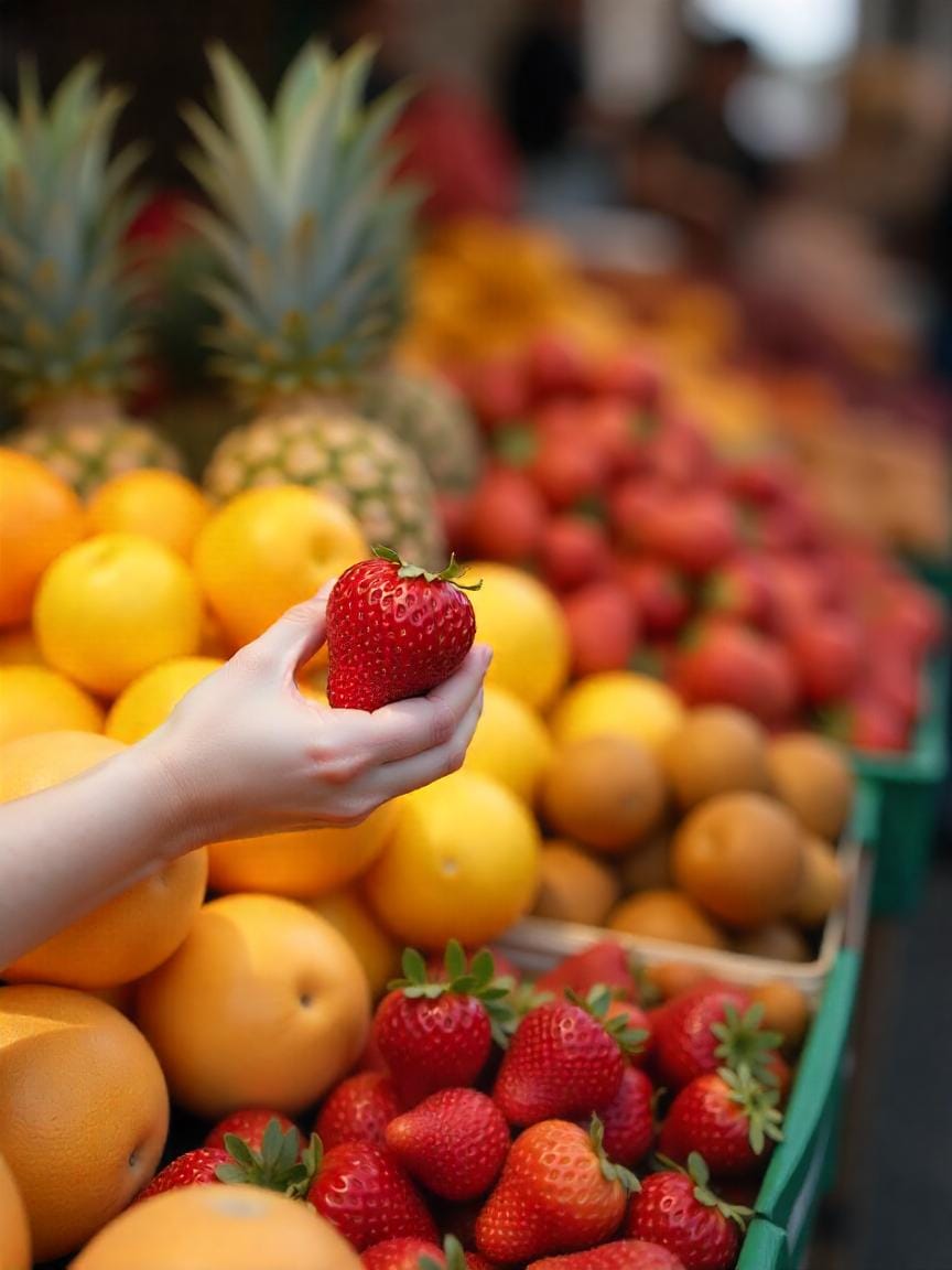 Shopper smelling cantaloupe and strawberries to check ripeness at market.