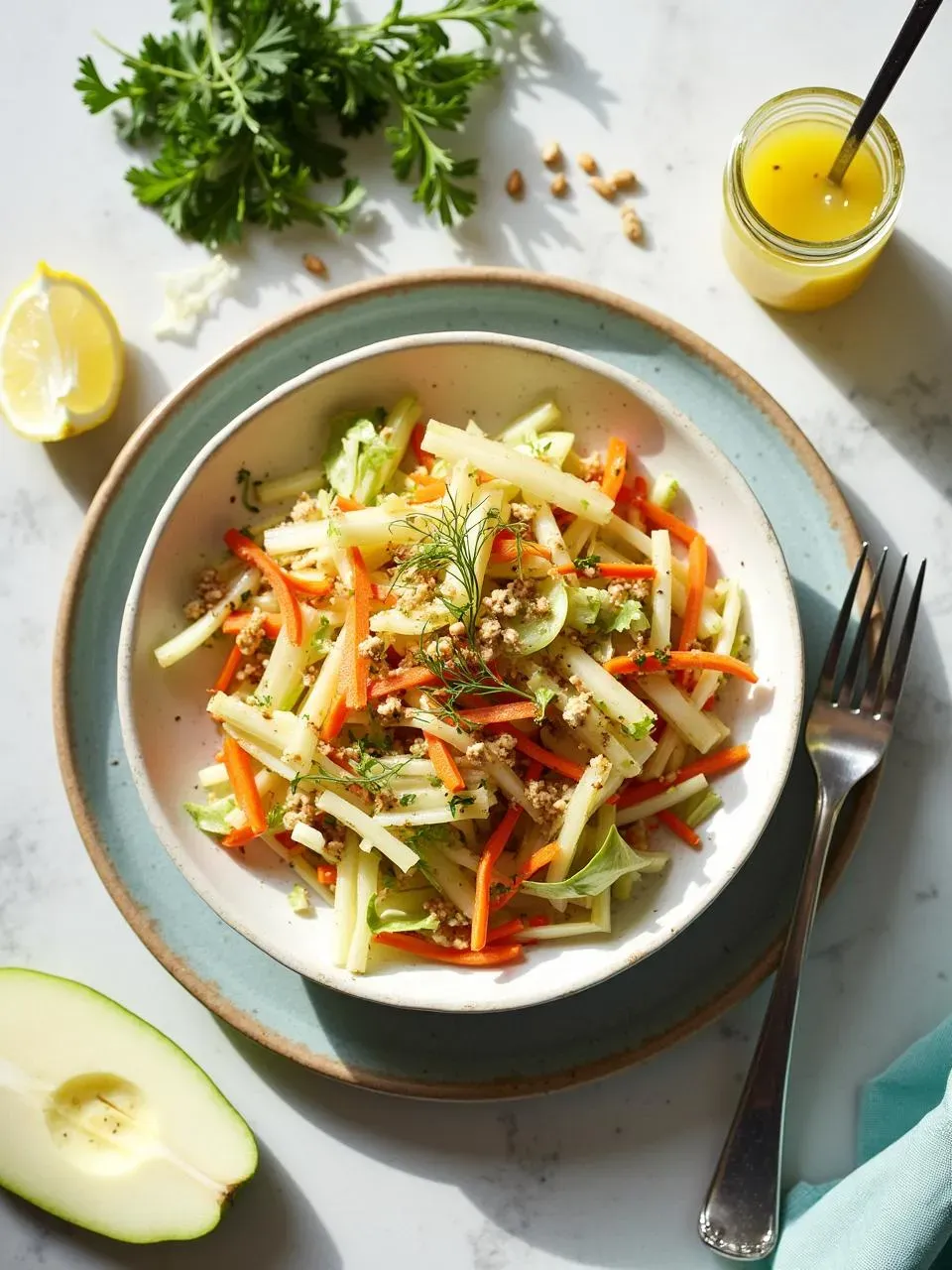 Colorful kohlrabi slaw with carrots and apple, topped with seeds and herbs, served in a bowl with raw kohlrabi and vinaigrette on the side.